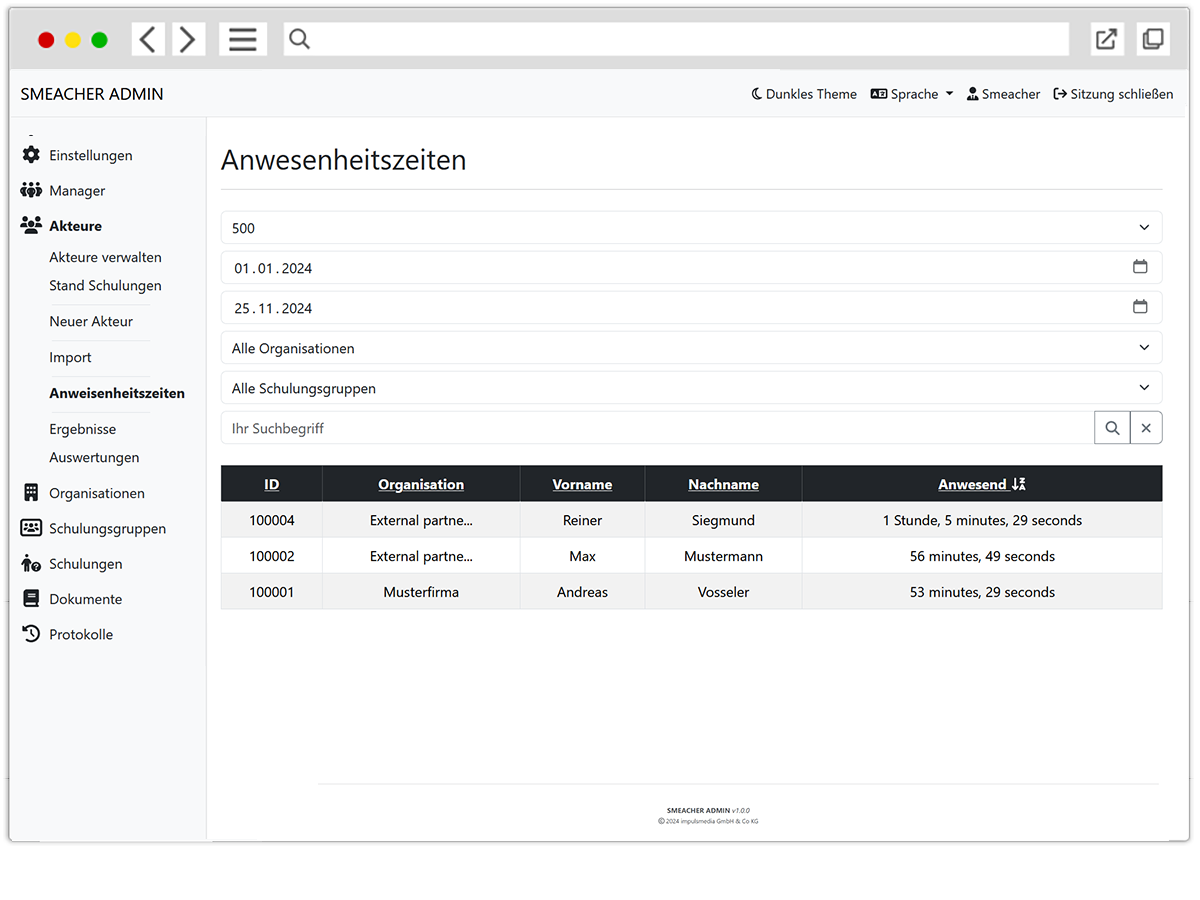 Smeacher Funktionen: Anwesenheitszeiten buchen