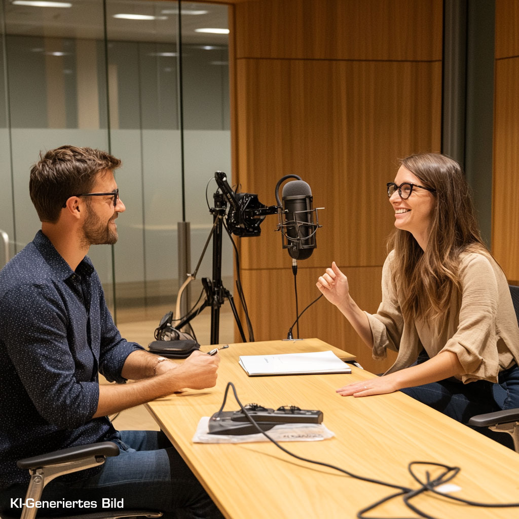 Zwei Podcaster die ein Gespräch führen über die Funktionen von Smeacher.