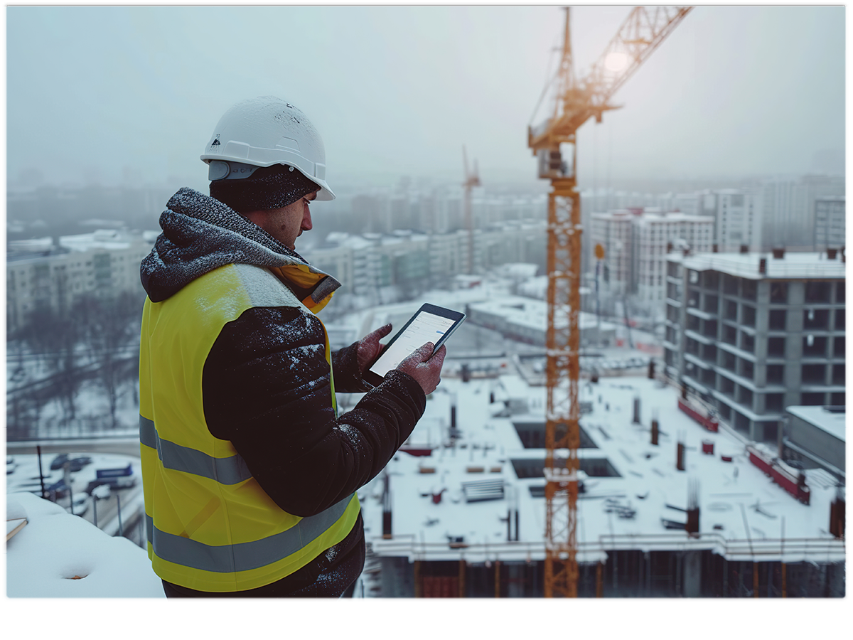 Arbeiter mit Tablet vor winterlicher Baustelle